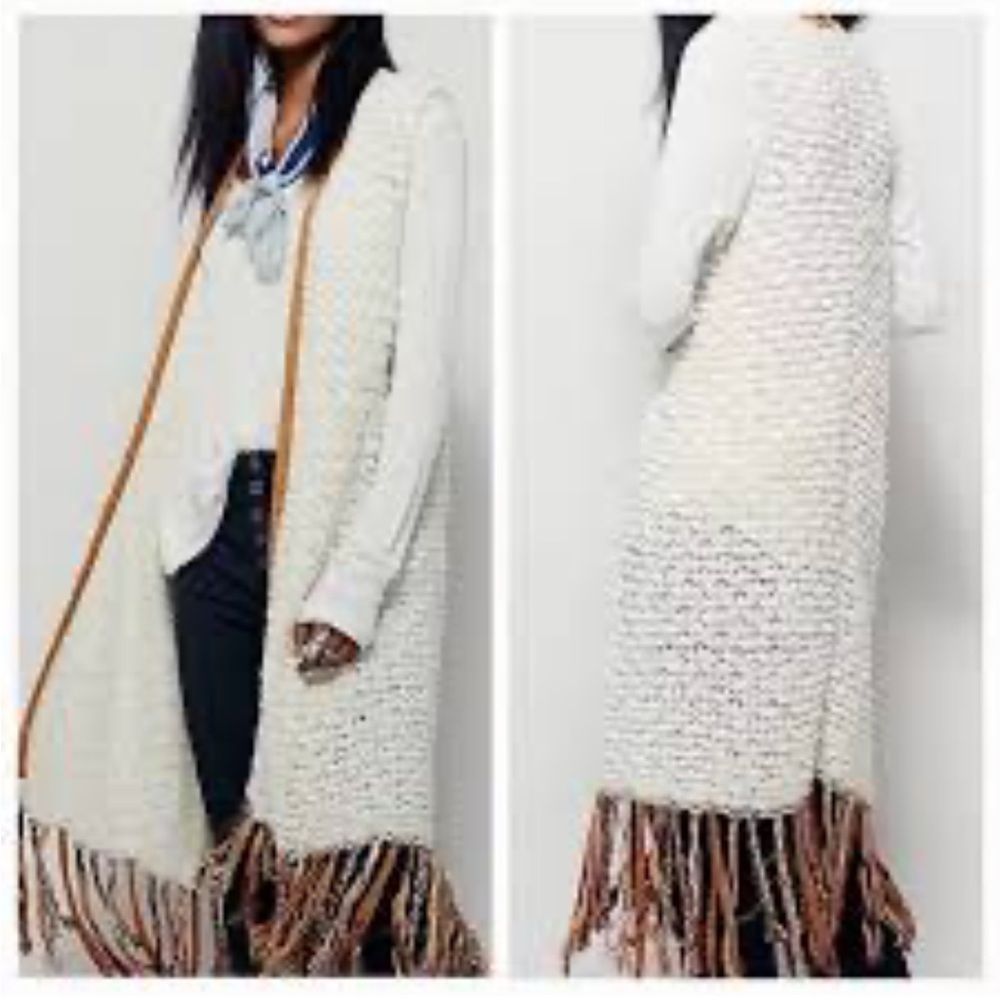 Free People Cream Knit Long Fringe Open Cardigan with Brown Trim